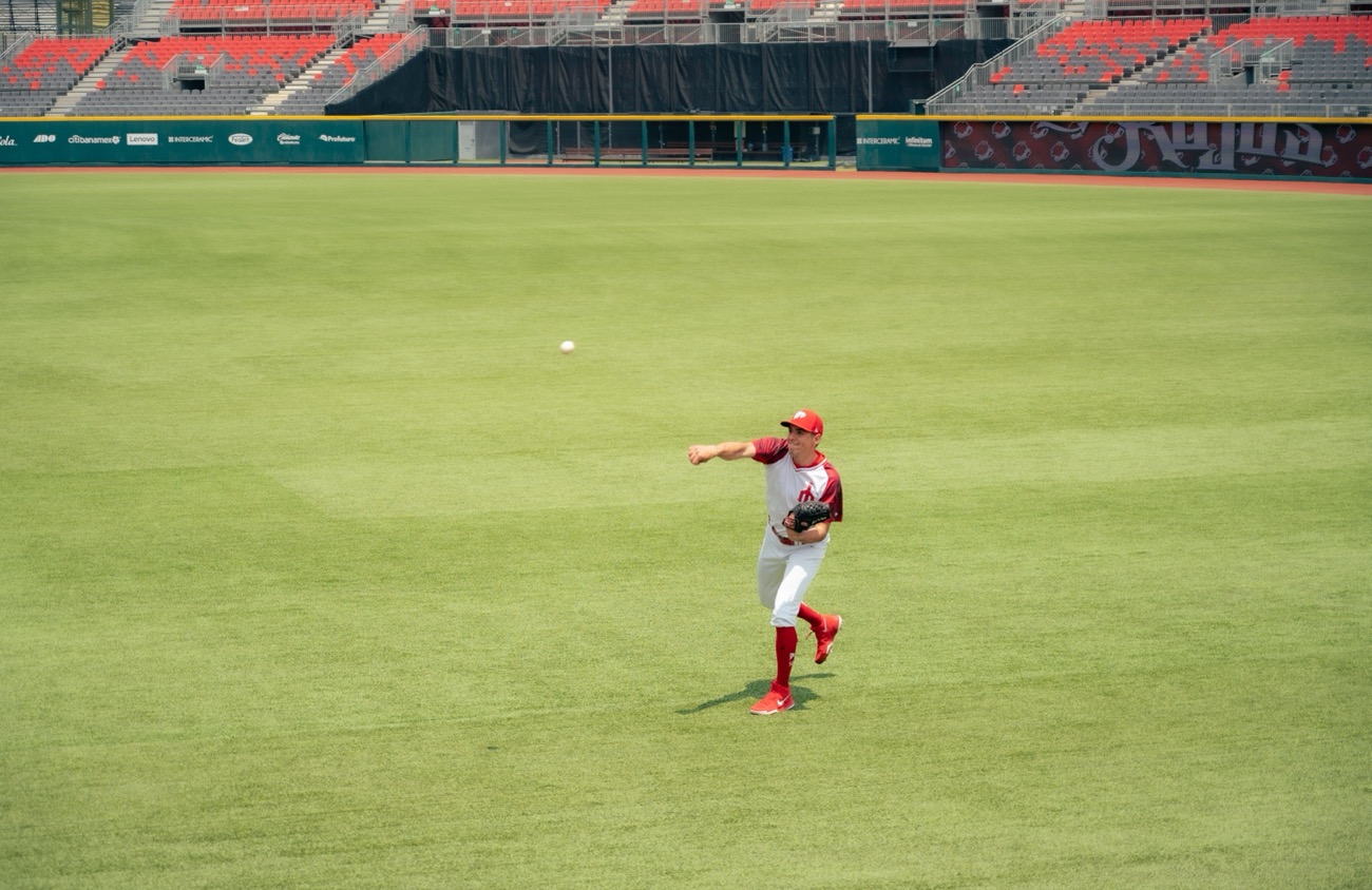 Outfielder in ready position before the pitch